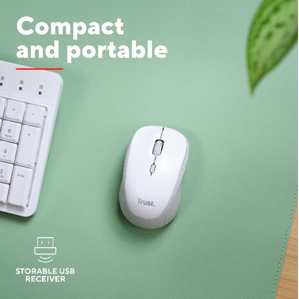 Trust YVI+ MOUSE WIRELESS (FINO A 3 DISPOSITIVI CONTEMPORANEAMENTE) SILENZIOSO - 75% PLASTICA RICICLATA - DURATA BATTERIA 12 MESI - BIANCO