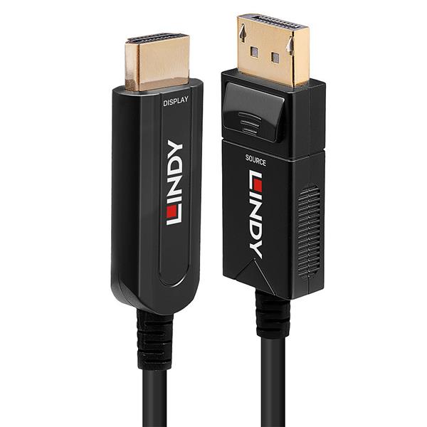 Lindy - Cavo adattatore - DisplayPort maschio a HDMI maschio - 10 m - ottica ibrida rame/fibra - nero - di forma rotonda, supporto 4K