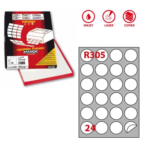 Etichette adesive R/305 - in carta - permanenti - tonde - diametro 40 mm - 24 et/fg - 100 fogli - bianco - Markin