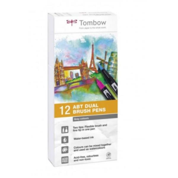 Tombow ABT Dual Brush Pen Set, 12 colori, Grigio, Punta a proiettile e punta a pennello, 0,8 mm, 1 cm, Inchiostro a base di acqua