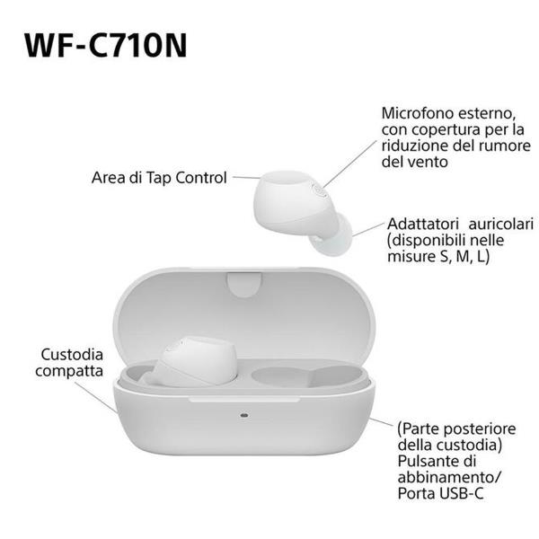 Sony U.K. WFC710NW.CE7, True Wireless Stereo (TWS), 20 - 20000 Hz, Musica/Giornaliera, 48,4 g, Auricolare, Bianco