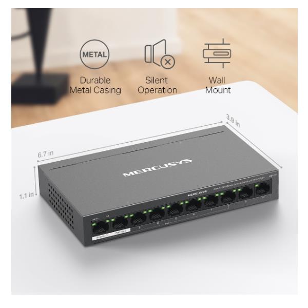 Mercusys MS110P, Gestito, Fast Ethernet (10/100), Full duplex, Supporto Power over Ethernet (PoE), Montabile a parete