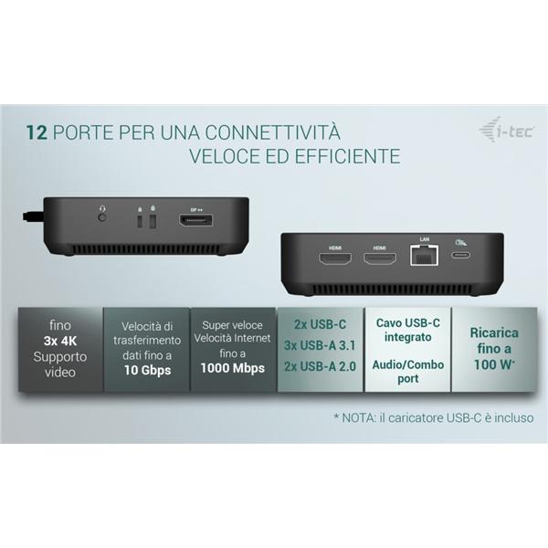 i-tec USB-C DP Dual HDMI Docking Station with Power Delivery 100 W + Universal Charger 100W, Cablato, USB 3.2 Gen 2 (3.1 Gen 2) Type-C, 100 W, 10,100,1000 Mbit/s, Nero, 10 Gbit/s