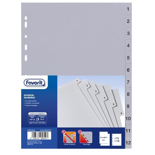 Favorit - Divisorio - 12 parti - prestampato: 1-12 - per A4, 220 x 300 mm - con schede - grigio