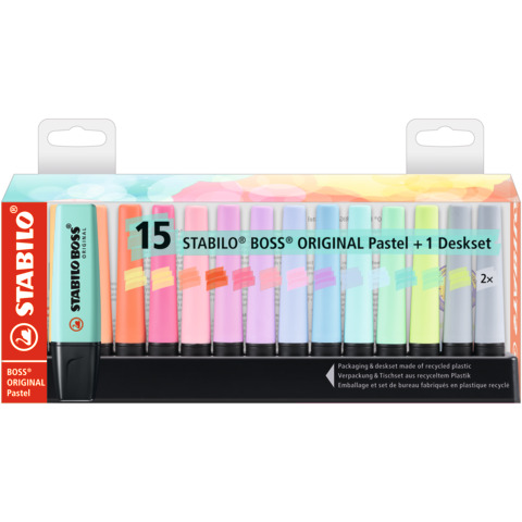 STABILO BOSS ORIGINAL - Evidenziatore - colori assortiti - inchiostro base acqua - 2-5 mm (pacchetto di 15)