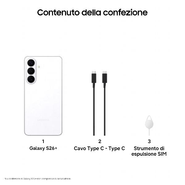 Samsung Galaxy S26+ Smartphone AI, 256GB, Processore avanzato, Assistente Foto, Creative Studio, Camera 50 MP, 4900 mAh, White, 17 cm (6.7ʺ), 12 GB, 256 GB, 50 MP, Android 16.0, Bianco