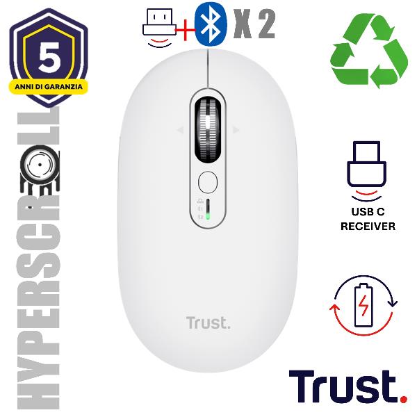 Trust Seron Slim Multi, Ambidestro, Ottico, RF senza fili + Bluetooth, 3200 DPI, Bianco
