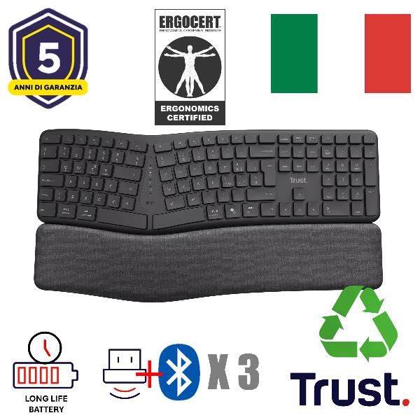 Trust Keyra Tastiera wireless multi-dispositivo ergonomica, Full-size (100%), …