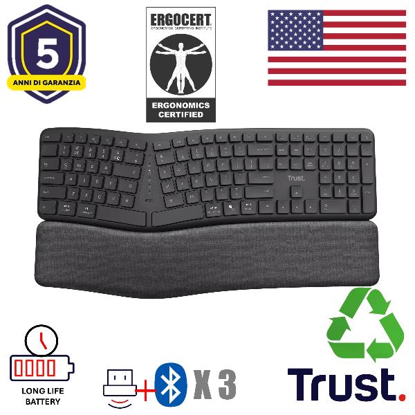 Trust Keyra Tastiera wireless multi-dispositivo ergonomica, Full-size (100%), Wireless, RF senza fili + Bluetooth, Interruttore a chiave a membrana, QWERTY, Nero
