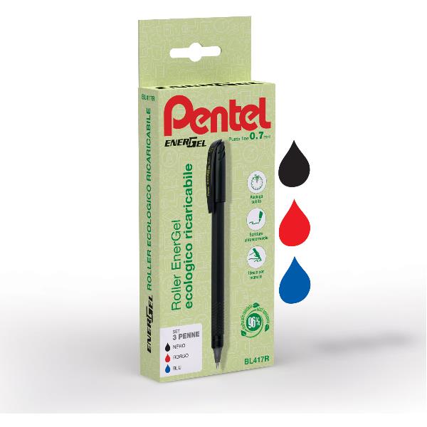 Roller Energel Recycology 96% - punta 0,7 mm - nero/rosso/blu - Pentel - conf. 3 pezzi