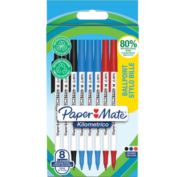 Penna sfera - cappuccio - Kilometrico Recycled - punta 1,0 mm - colori assortiti - Papermate - conf. 8 pezzi