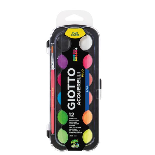 Pastiglia Acquerello - diametro 30mm - colori assortiti fluo - Giotto - astuccio da 12 pezzi