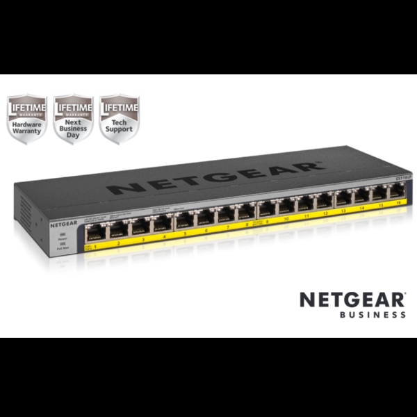 NETGEAR GS116LP - Switch - 16 x 10/100/1000 (PoE+) - desktop, montabile su rack, montaggio a parete - PoE+ (76 W) - alimentazione CC