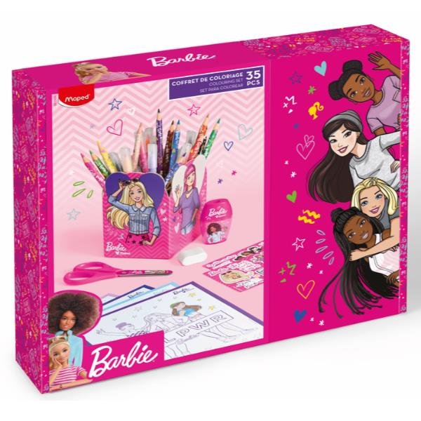 MAPED GIFT BOX BARBIE CON PASTELLI PENNARELLI TEMPERAMATITE FORBICI GOMMA FOGLI ADESIVI FOGLI DA COLORARE E PORTAPENNE COLORI ASSORTITI CONF 35 Pz.
