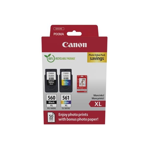 Canon PG-560XL/CL-561XL Photo Value Pack - Lucido - confezione da 2 - Alta resa - nero, colore (ciano, magenta, giallo) - originale - confezione da appendere - kit cartuccia inchiostro/carta - per PIXMA TS5350, TS5351, TS5352, TS5353, TS7450