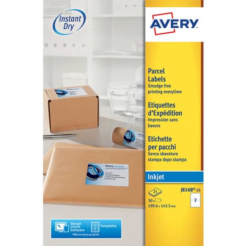 Etichette adesive J8168 - in carta - angoli arrotondati - inkjet - permanenti - 199,6 x 143,5 mm - 2 et/fg - 25 fogli - bianco - Avery