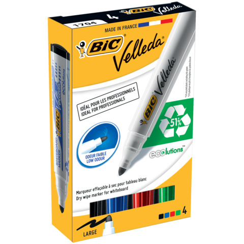 Marcatori Whiteboard Marker Velleda 1701 Recycled Bic - punta tonda 1,5mm - astuccio 4 colori - Bic