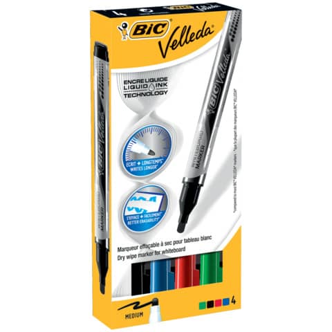 Marcatori Whiteboard Marker Velleda liquid Ink - punta tonda 2,2mm - astuccio 4 colori - Bic
