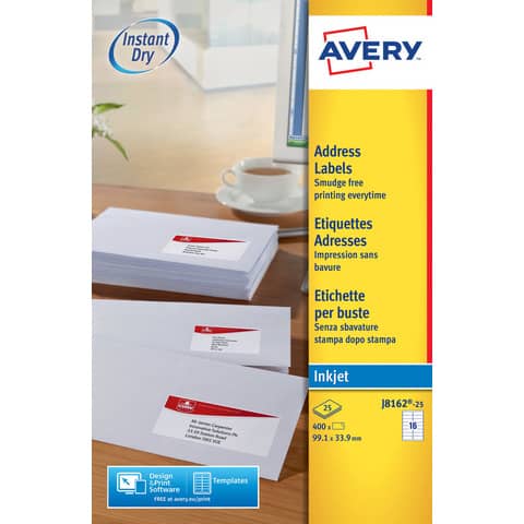 Etichette adesive J8162 - in carta - angoli arrotondati - inkjet - permanenti - 99,1 x 33,9 mm - 16 et/fg - 25 fogli - bianco - Avery
