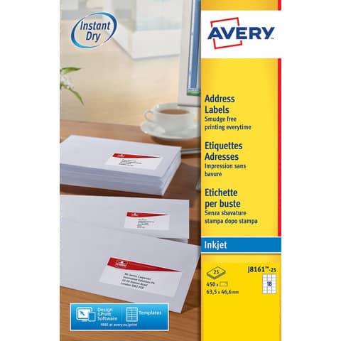 Etichette adesive J8161 - in carta - angoli arrotondati - inkjet - permanenti - 63,5 x 46,6 mm - 18 et/fg - 25 fogli - bianco - Avery