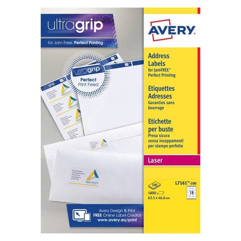 Etichette adesive L7161 - in carta - angoli arrotondati - laser - permanenti - 63,5 x 46,6 mm - 18 et/fg - 100 fogli - bianco - Avery