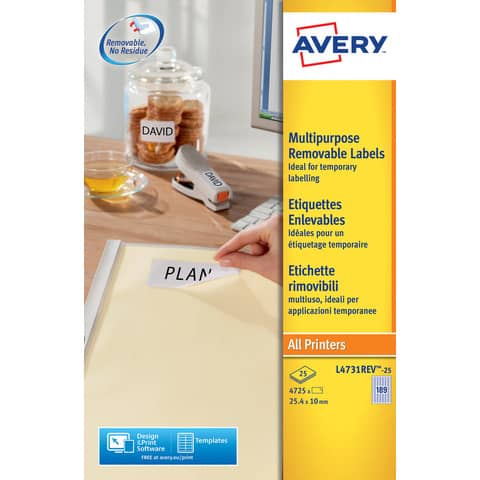 Etichette adesive L4731REV - in carta - angoli arrotondati - rimovibili - 25,4 x 10 mm - 189 et/fg - 25 fogli - bianco - Avery
