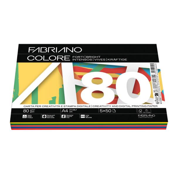 Carta Fabriano Colore - A4 - 80 gr - mix 5 colori forti - Fabriano - conf. 250 fogli