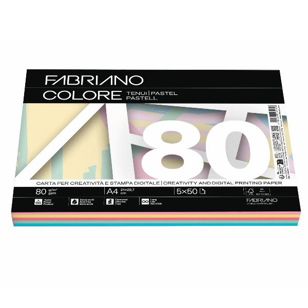 Carta Fabriano Colore - A4 - 80 gr - mix 5 colori tenui - Fabriano - conf. 250 fogli