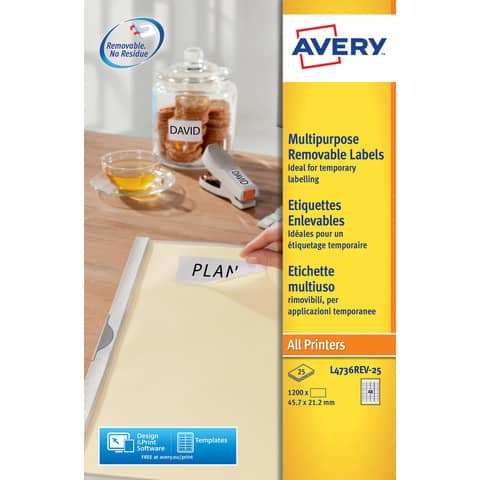 Etichette adesive L4736REV - in carta - angoli arrotondati - rimovibili - 45,7 x 21,2 mm - 48 et/fg - 25 fogli - bianco - Avery