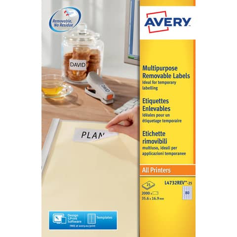 Etichette adesive L4732REV - in carta - angoli arrotondati - rimovibili - 35,6 x 16,9 mm - 80 et/fg - 25 fogli - bianco - Avery