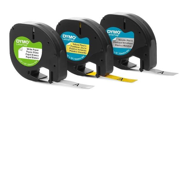 DYMO LetraTAG - Rotolo (1,2 cm x 4 m) 3 rotoli kit nastri per etichette - per LetraTag LT-100H, LT-100T