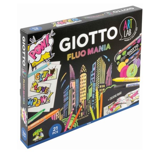 GIOTTO ART LAB FLUO MANIA KIT CREATIVO CON PENNARELLI ACQUARELLI PASTELLONI E BLOCCO A5 DA 20 FOGLI COLORI ASSORTITI