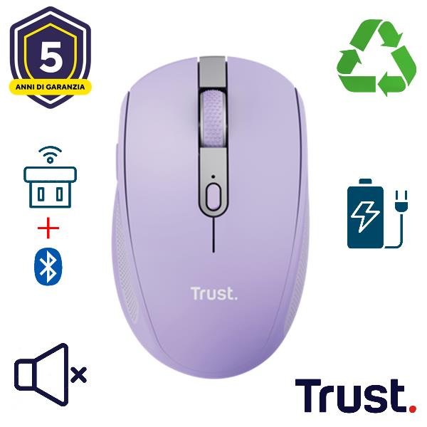 TRUST OZAA COMPACT MOUSE OTTICO WIRELESS RICARICABILE SILENZIOSO CON DOPPIA CONNESSIONE BLUETOOTH T + RF 2,4GHz COLLEGABILE FINO A 3 DISPOSITIVI 6 PULSANTI 3.200 DPI VIOLA