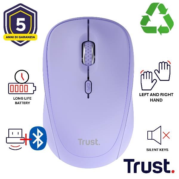 Trust YVI+ MOUSE WIRELESS (FINO A 3 DISPOSITIVI CONTEMPORANEAMENTE) SILENZIOSO - 75% PLASTICA RICICLATA - DURATA BATTERIA 12 MESI - VIOLA