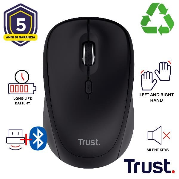 Trust YVI+ MOUSE WIRELESS (FINO A 3 DISPOSITIVI CONTEMPORANEAMENTE) SILENZIOSO - 75% PLASTICA RICICLATA - DURATA BATTERIA 12 MESI - NERO