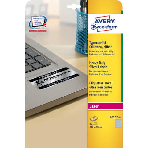 Etichette adesive L6013 - in poliestere - laser - permanenti - 210 x 297 mm - 1 et/fg - 20 fogli - argento - Avery