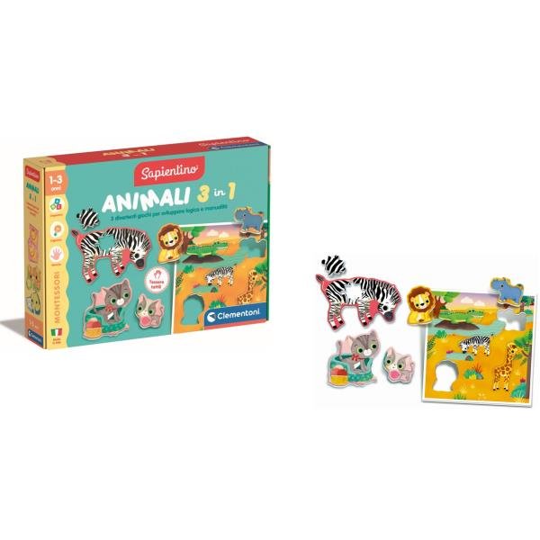 CLEMENTONI MONTESSORI SAPIENTINO ANIMALI 3 IN 1 TESSERE SAGOMATE E SCHEDE ILLUSTRTATE GIOCO EDUCATIVO