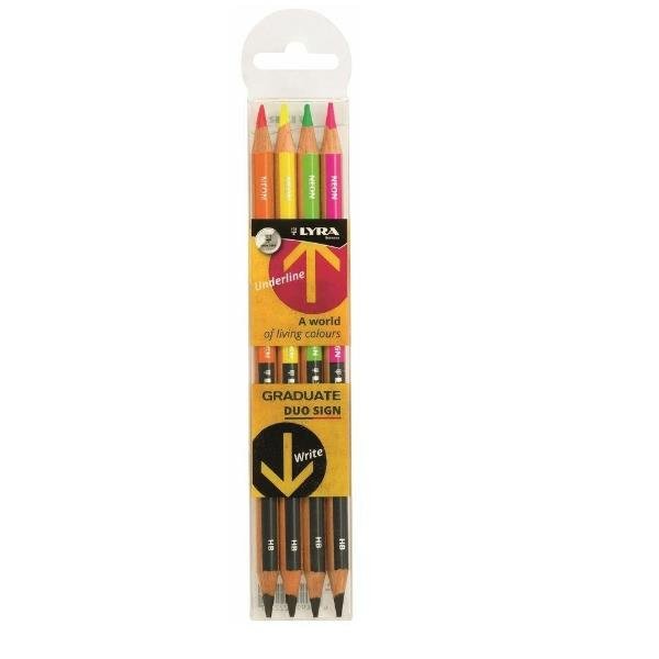 LYRA Graduate Duo Sign - Pencil and colored pencil combo - HB - verde neon, giallo neon, arancione neon, rosa neon - 1 pezzi (pacchetto di 4)