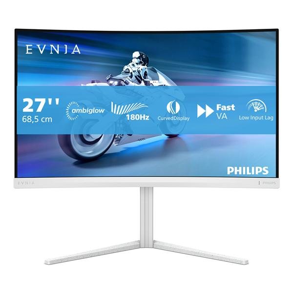 Philips Evnia 5000 27M2C5201L - Monitor a LED - gaming - curvato - 27" - 1920 x 1080 Full HD (1080p) @ 180 Hz - Fast VA - 3000:1 - HDR10 - 0.5 ms - 2xHDMI, DisplayPort - bianco