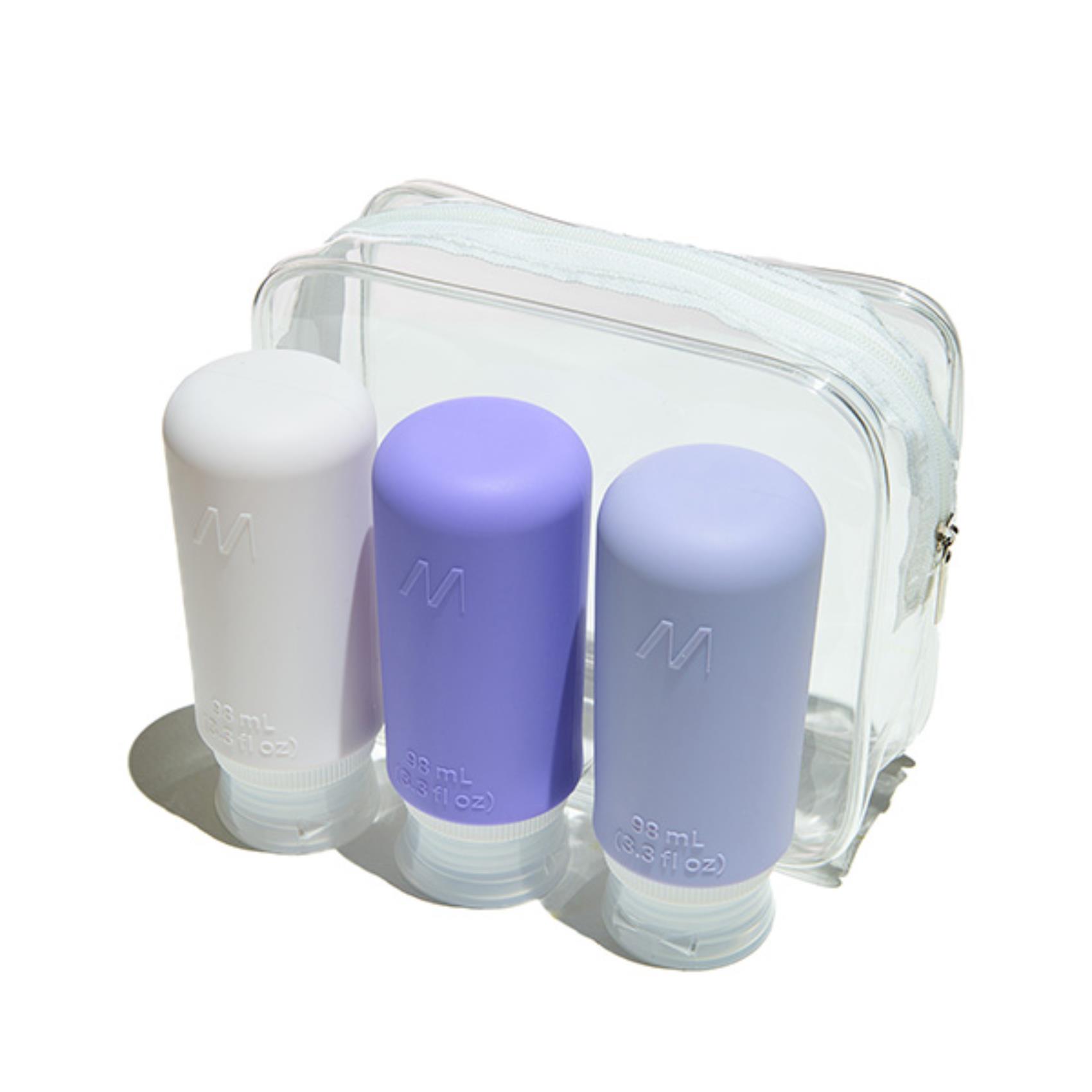 MUITOMAS SET DI 3 FLANCONCINI DA VIAGGIO IN SILICONE DA 98 ML IN BUSTA IMPERMEABILE TRASPARENTE CON CERNIERA VIOLA