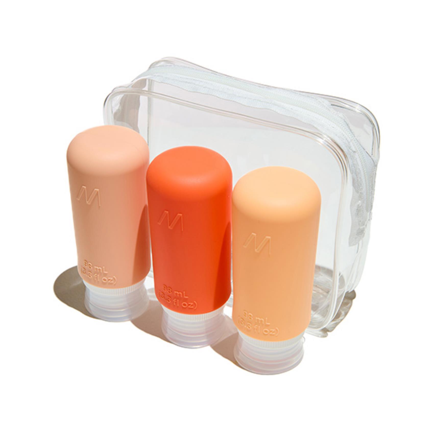 MUITOMAS SET DI 3 FLANCONCINI DA VIAGGIO IN SILICONE DA 98 ML IN BUSTA IMPERMEABILE TRASPARENTE CON CERNIERA PESCA