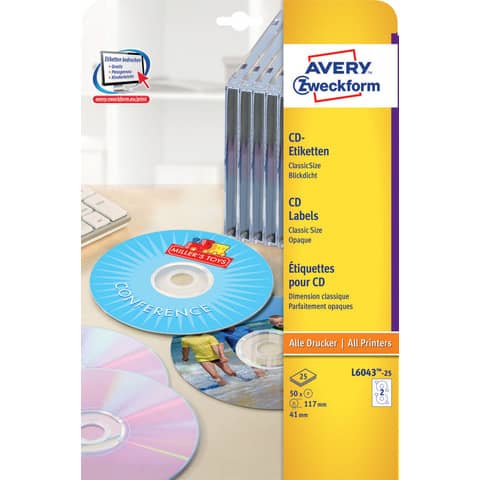 Etichette adesive tonde L6043 - in carta - laser - permanenti - diametro CD 117 mm - foro 41 mm - 2 et/fg - 25 fogli - bianco - Avery