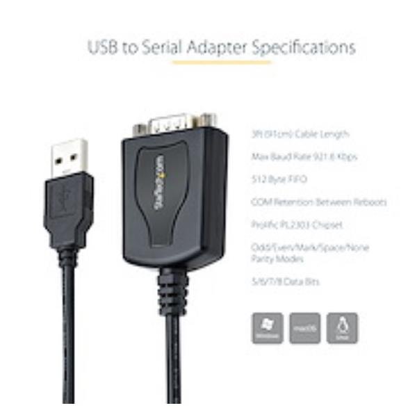 StarTech.com 3ft (1m) USB to Serial Cable with COM Port Retention, DB9 Male RS232 to USB Converter, Straight Through USB to Serial Adapter for PLC/Printer/Scanner - Prolific IC, Automatic Handshake, Windows/Mac OS - Scheda seriale - USB - RS-232