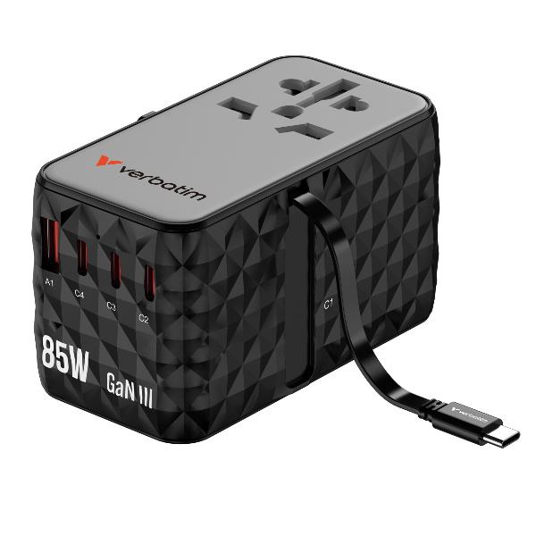 VERBATIM UNIVERSAL TRAVEL ADAPTER ADATTATORE UNIVERSALE DA VIAGGIO GaN III 85W CON CAVO USB-C INCORPORATO PER TUTTI I PAESI DEL MONDO NERO