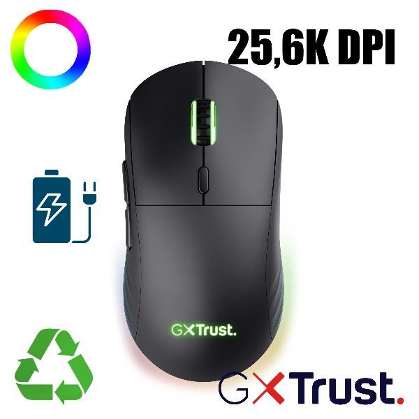 Trust MOUSE WIRELESS GAMING RICARICABILE -RGB - 55% PLASTICA RICICLATA - GXT 927 REDEX+ AD ALTE PRESTAZIONI - NERO