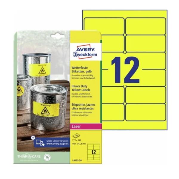 Etichette adesive L6107 - in poliestere - laser - permanenti - 99,1 x 42,3 mm - 12 et/fg - 20 fogli - giallo fluo - Avery