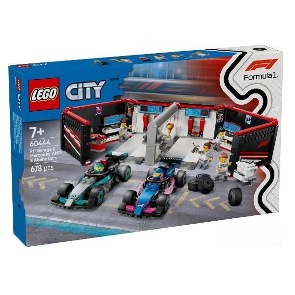 LEGO CITY GARAGE CON MONOP MERCEDES-AMG ALPINE F1 CON LE MINIFIGURE DI 2 PILOTI E 4 MECCANICI