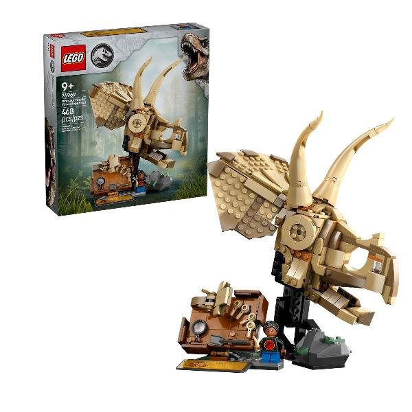 LEGO JURASSI WORLD FOSSILI DINOSAURO TESCHIO DI TRICERATO GOCATTOLO DA COSTRUIRE CON MASCELLA APRIBILE SUPPORTO E MINIFIGURA