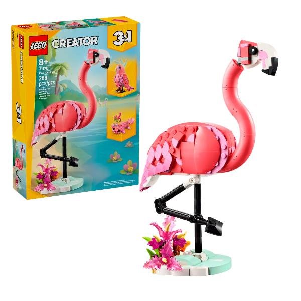 LEGO CREATO 3 IN 1 ANIMALI SELVATICI FENICOTTERO ROSA CHE SI TRASFORMA IN UCCELLO CACATUA E IN AXLOTL
