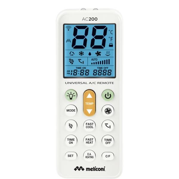 MELICONI AC 200 TELECOMANDO UNIVERSALE PER CONDIZIONATORI/CLIMATIZZATORI COMPATIBILE CON LA MAGGIOR PARTE DEI MARCHI, CON SCHERMO RETROILLUMINATO E FUNZIONE TORCIA, BIANCO